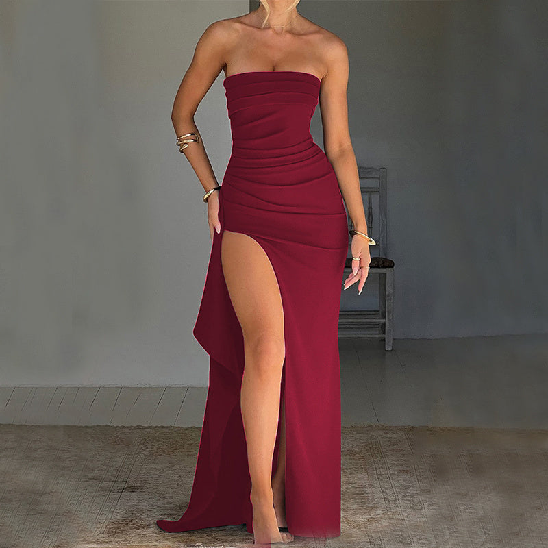 Elegant Strapless Ruched Evening Maxi Dress – High Slit Formal Gown – Occasion Dress – Various Colours