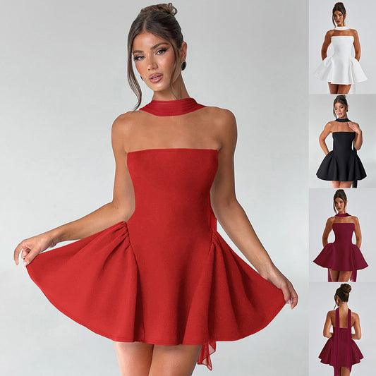 Chic Strapless Mini Dress with High Neck Bow Back – Party Dress in Various Colours