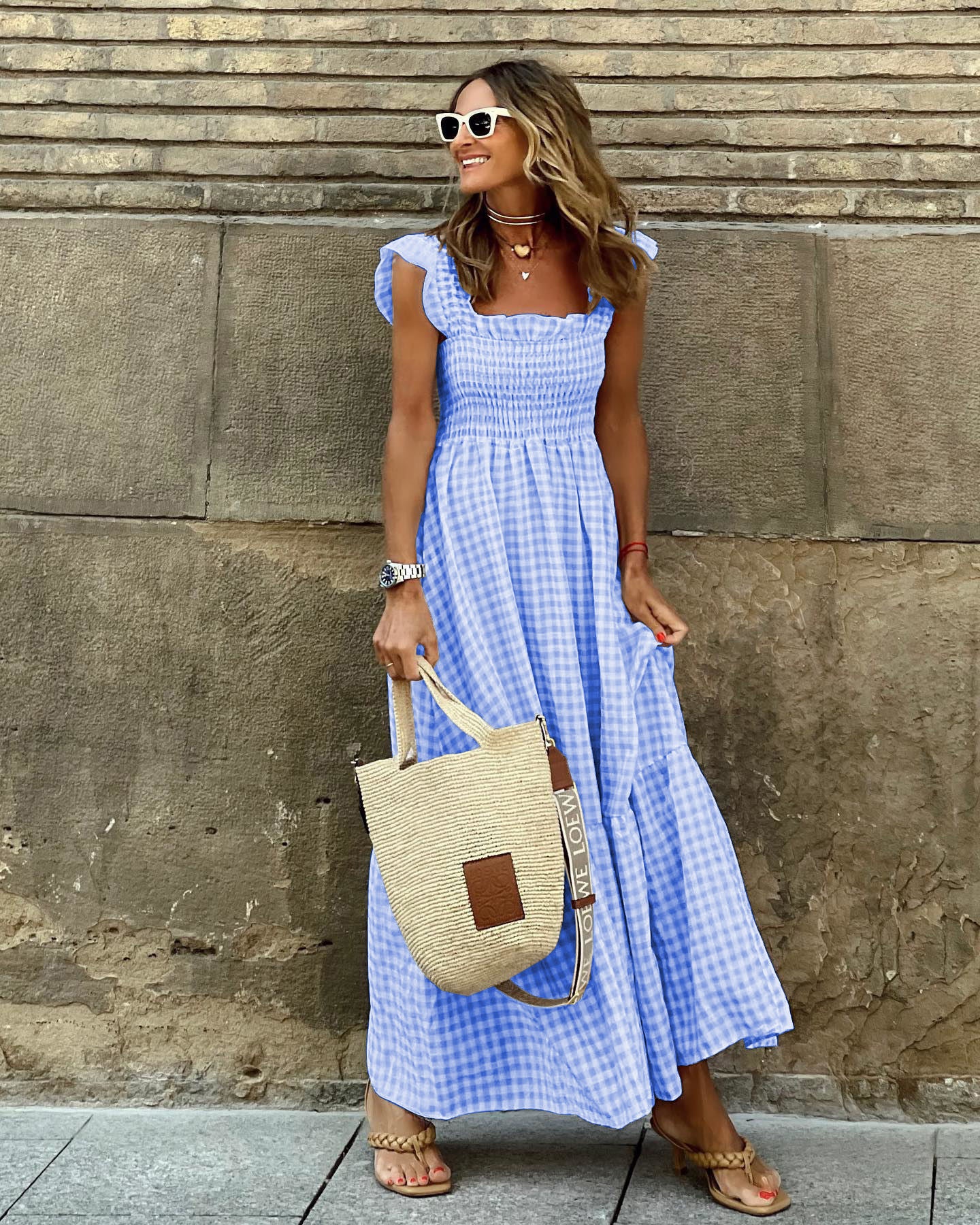 Gingham Shirred Maxi Dress with Ruffle Sleeves – Lightweight Summer Style in Various Colours