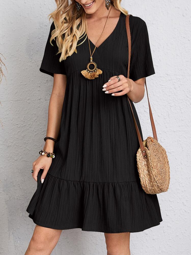 Women’s Casual Summer Boho Loose Tunic Dress – Short Sleeve V-Neck Ruffle Hem – Various Colours