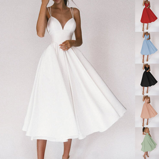 Elegant Backless Spaghetti Strap Midi Dress – Various Colours