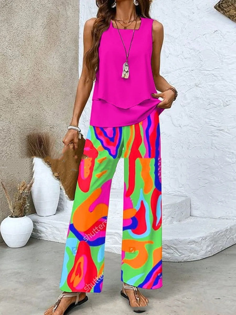 2-Piece Summer Leaf Print Set – Sleeveless Top & Wide Leg Trousers (Various Colours)