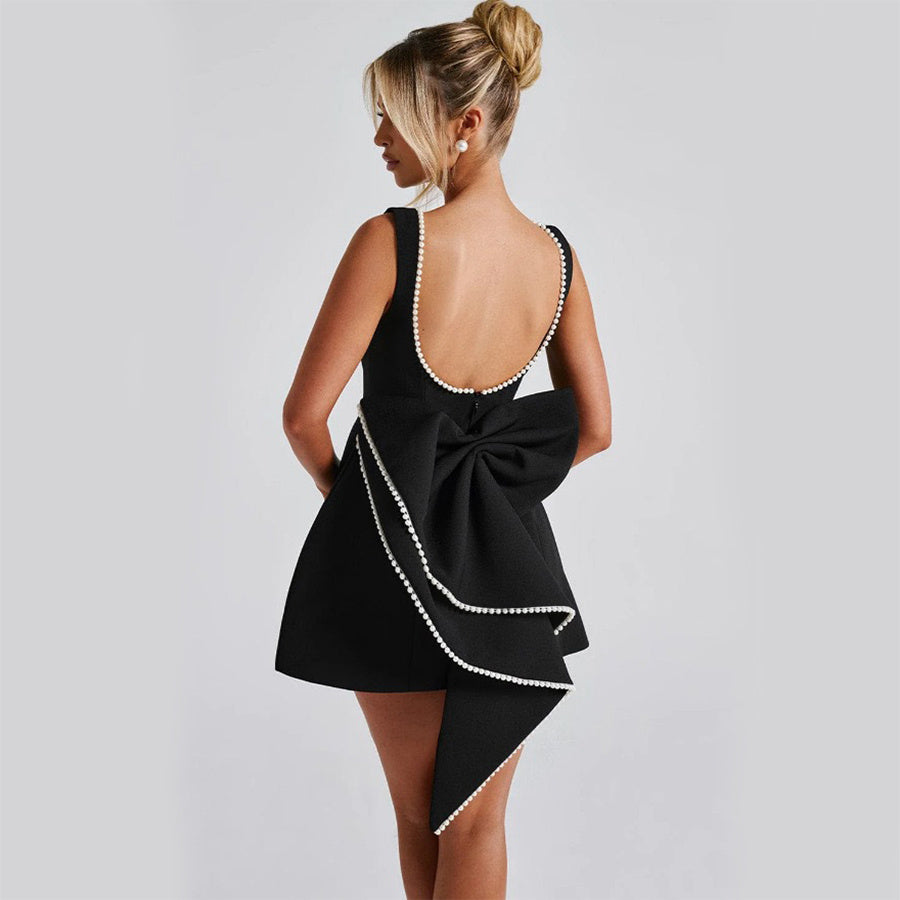 Luxury Bow-Back Mini Dress with Pearl Detailing – Available in Various Colours