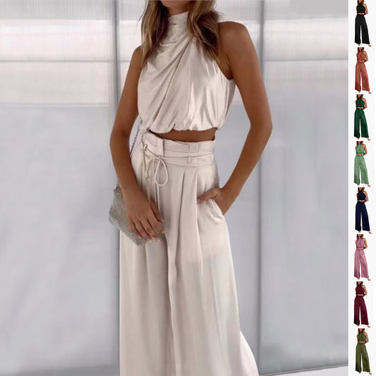 ✨ Women’s Satin 2-Piece Set - Draped Crop Top + Wide Leg High Waist Trousers - Perfect for Party & Evening - Available in Various Colours