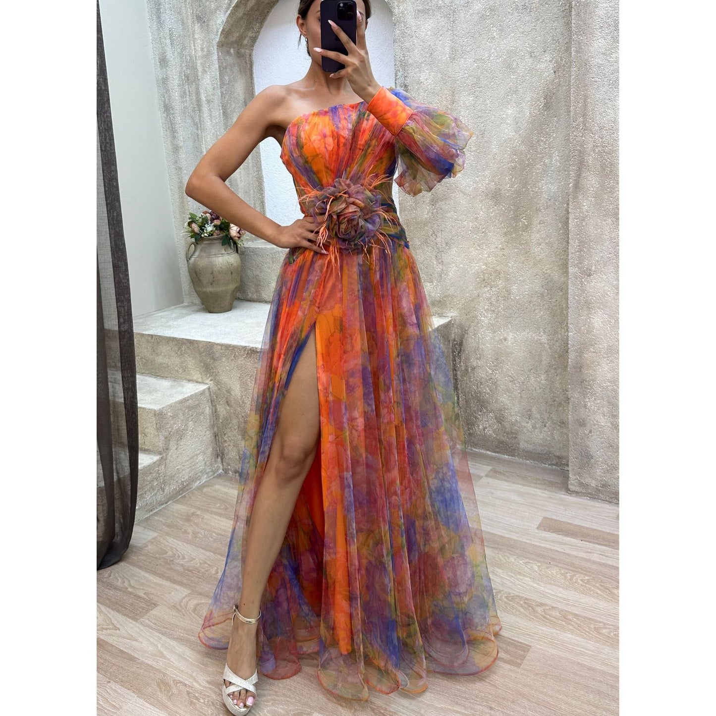 Luxury One-Shoulder Sheer Tulle Gown – Feather Waist Detail – Elegant High Slit Maxi Dress – Festival, Prom, Gala – Various Colours