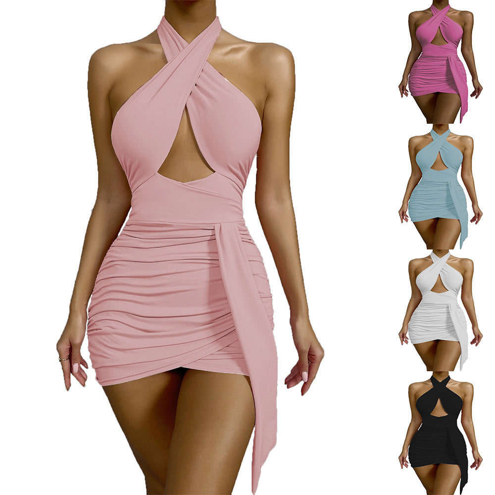 Criss-Cross Halterneck Bodycon Mini Dress – Pink | Ruched Wrap Waist Cut-Out Party Dress