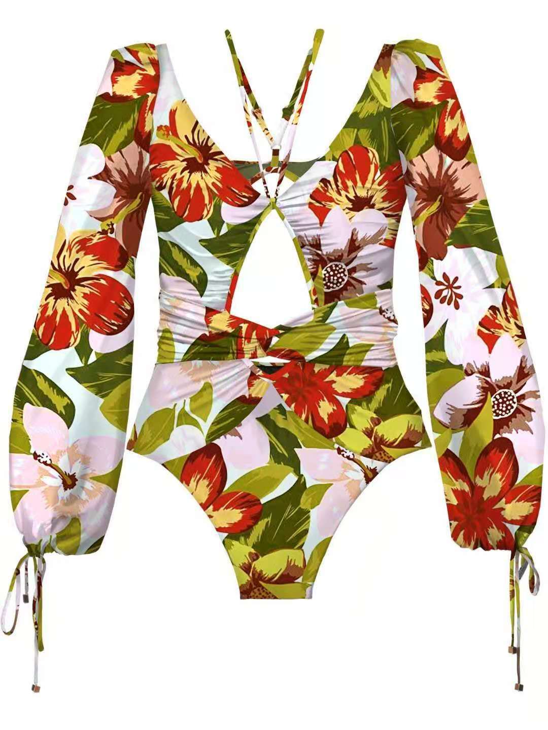 Sexy gathered one-piece printed bikini swimsuit women long sleeve swimwear ladies swimwear