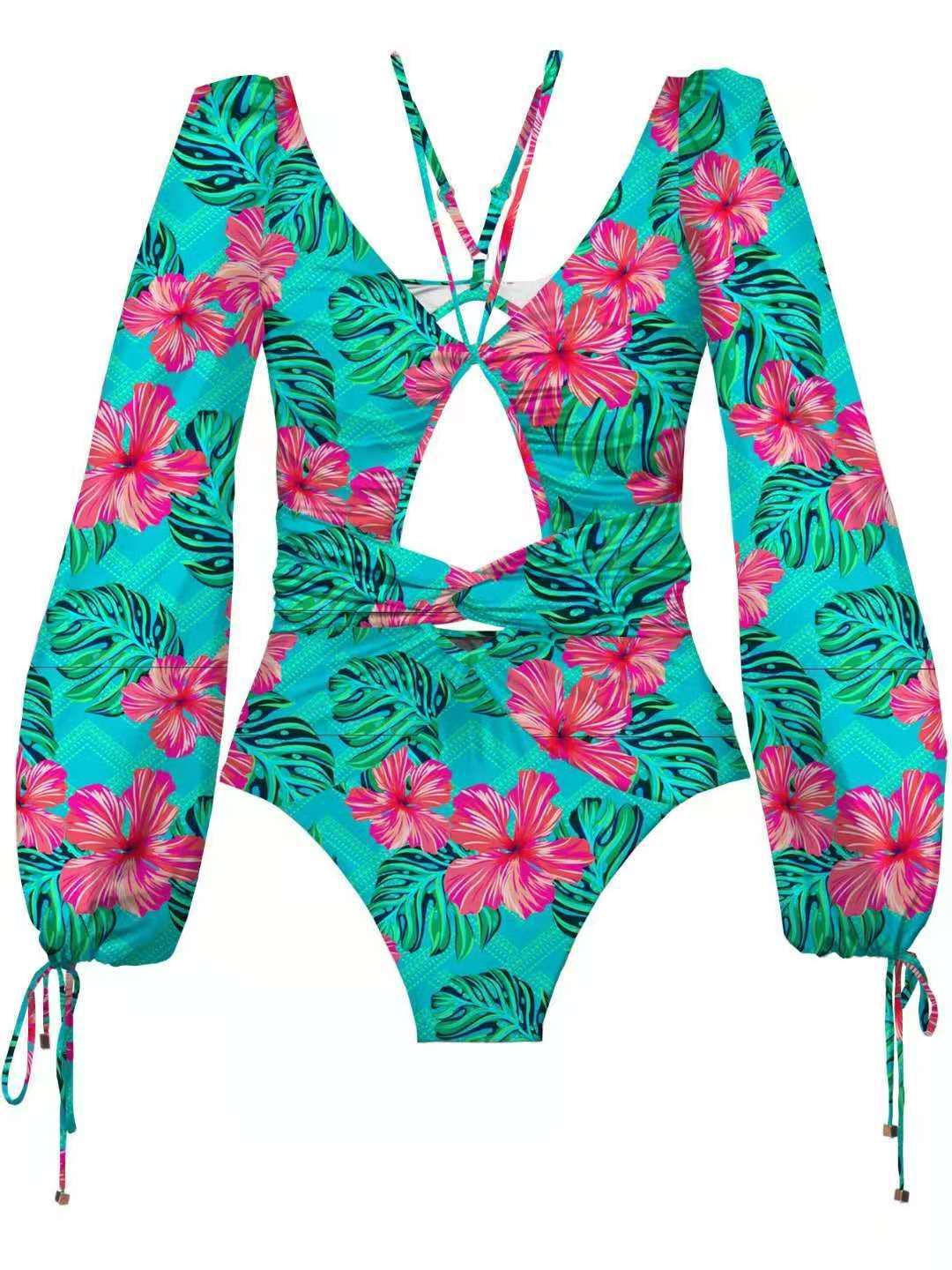 Sexy gathered one-piece printed bikini swimsuit women long sleeve swimwear ladies swimwear