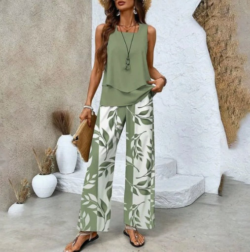 2-Piece Summer Leaf Print Set – Sleeveless Top & Wide Leg Trousers (Various Colours)