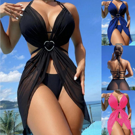 🖤 Three Piece-Glam Heart Sheer Cover-Up Swimsuit Set – Various Colours 💙💖