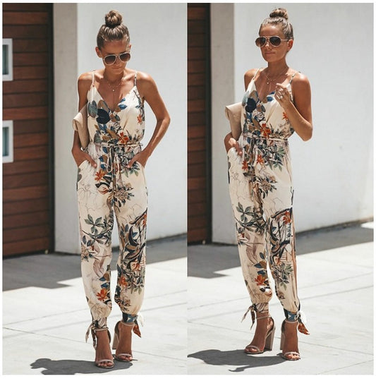 Summer Floral Print Jumpsuit – Lightweight, Tie Waist, Spaghetti Strap – Various Colours