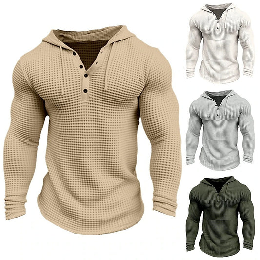 Men’s Textured Long Sleeve Hoodie Henley – Stylish Muscle Fit Pullover Top