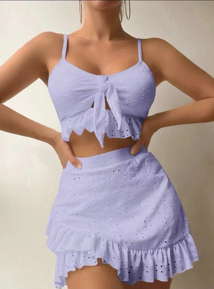 Women’s 3-Piece Summer Co-ord Set – Tie Front Crop Top, Ruffle Skirt & Cover-Up | Various Colours