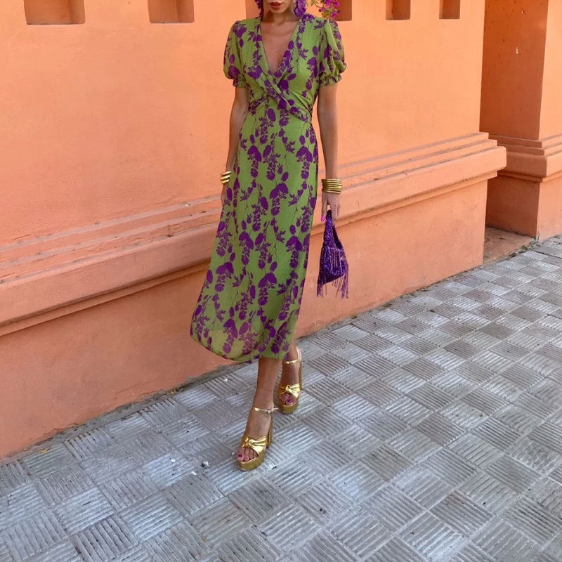 Elegant Floral Wrap Midi Dress – V-Neck Summer Style – Feminine & Flattering – Various Colours