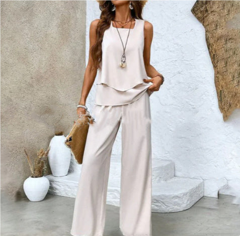2-Piece Summer Leaf Print Set – Sleeveless Top & Wide Leg Trousers (Various Colours)