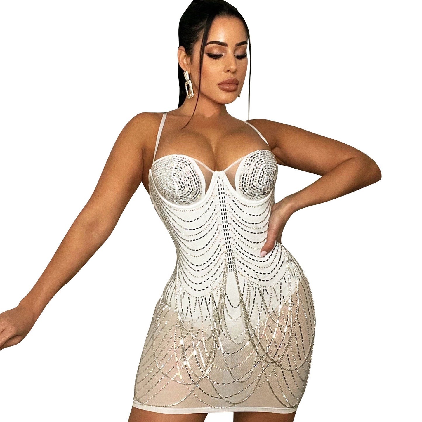 Crystal Rhinestone Mesh Corset Mini Dress – Nude | Bodycon Sparkle Party Dress with Cups