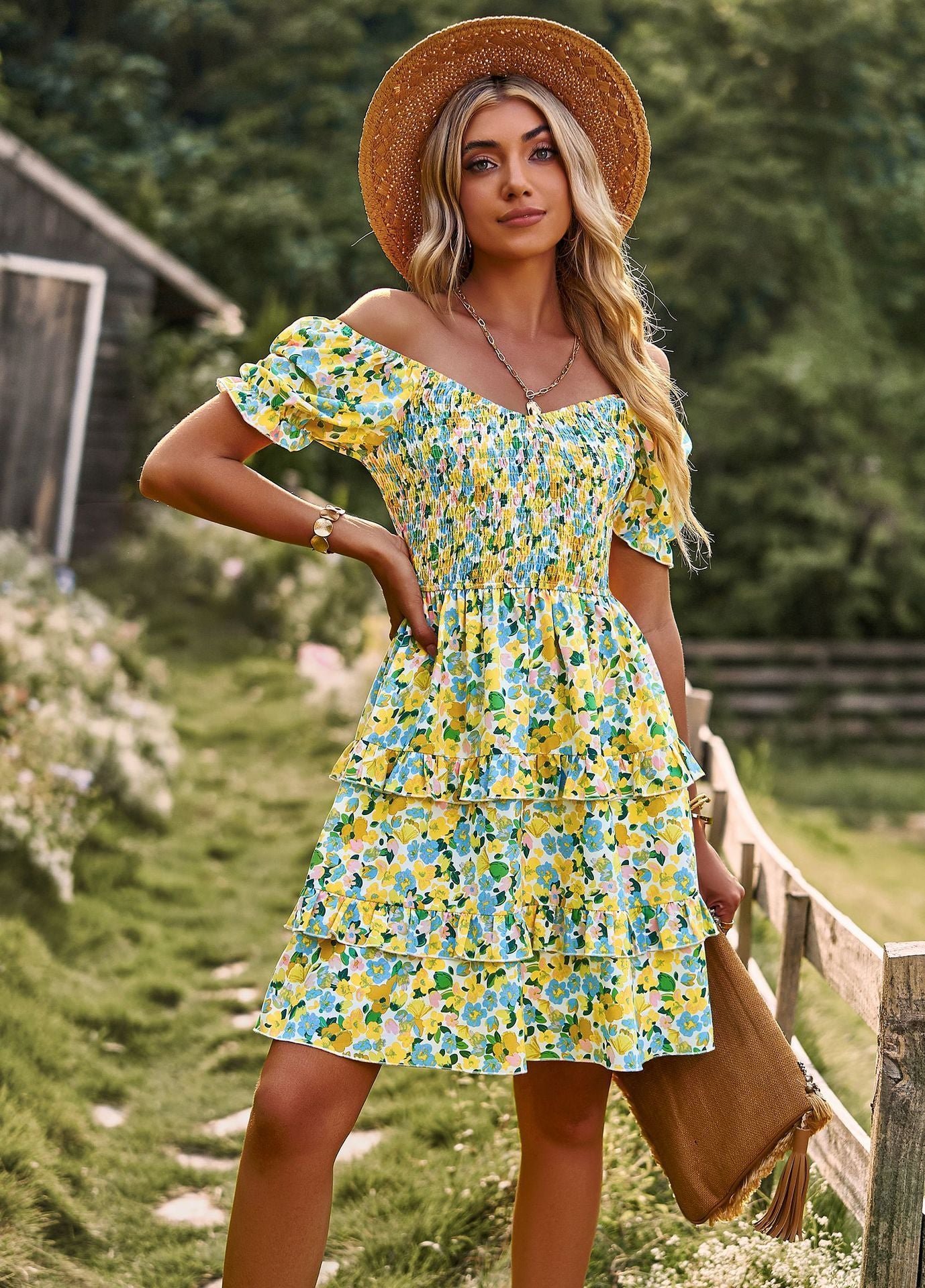 Smocked Off-Shoulder Floral Tiered Mini Dress – Various Colours | Puff Sleeve Summer Picnic Dress