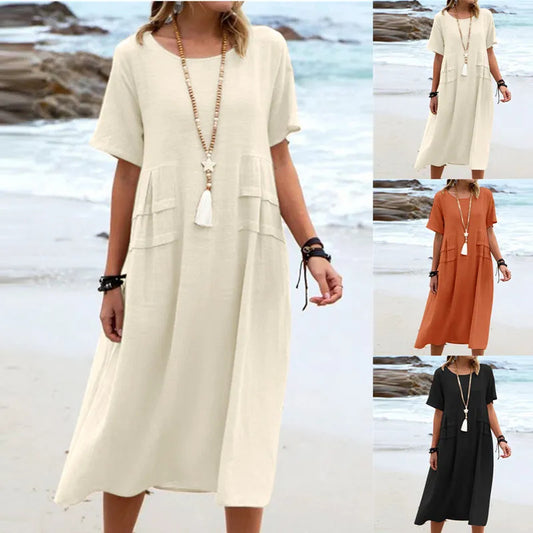 🌿 Boho Linen Pocket Midi Dress – Effortless Style in Various Colours
