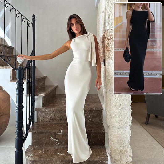 Elegant One-Shoulder Maxi Dress with Bow Detail – Evening Gown in Black or White