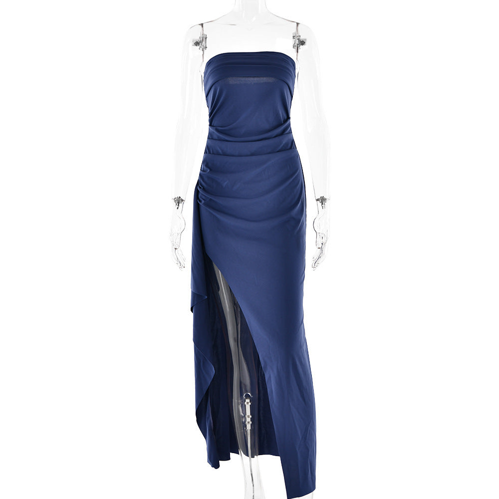 Elegant Strapless Ruched Evening Maxi Dress – High Slit Formal Gown – Occasion Dress – Various Colours