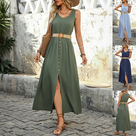Sleeveless Button-Front Belted Summer Maxi Dress – Various Colours