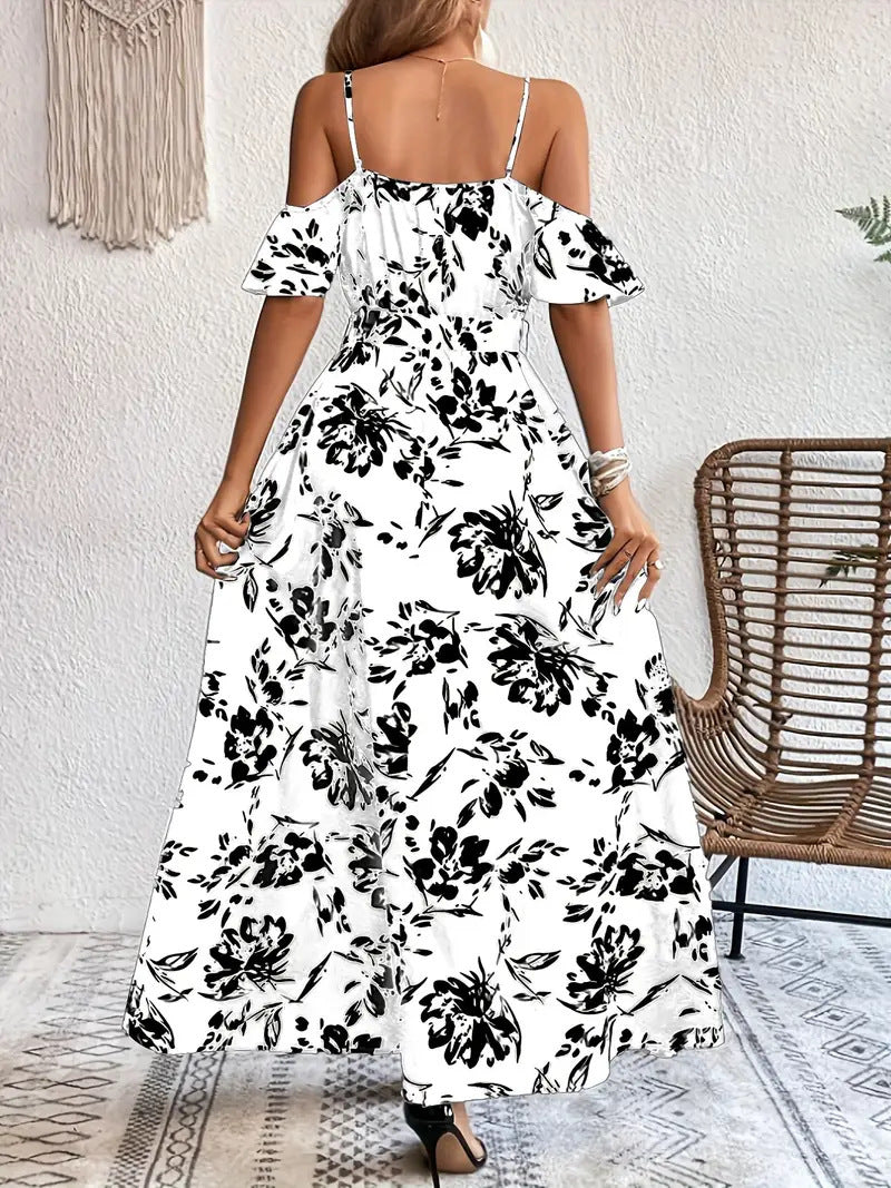 🌸 Cold Shoulder Floral Maxi Dress – Flowy & Feminine in Various Colours