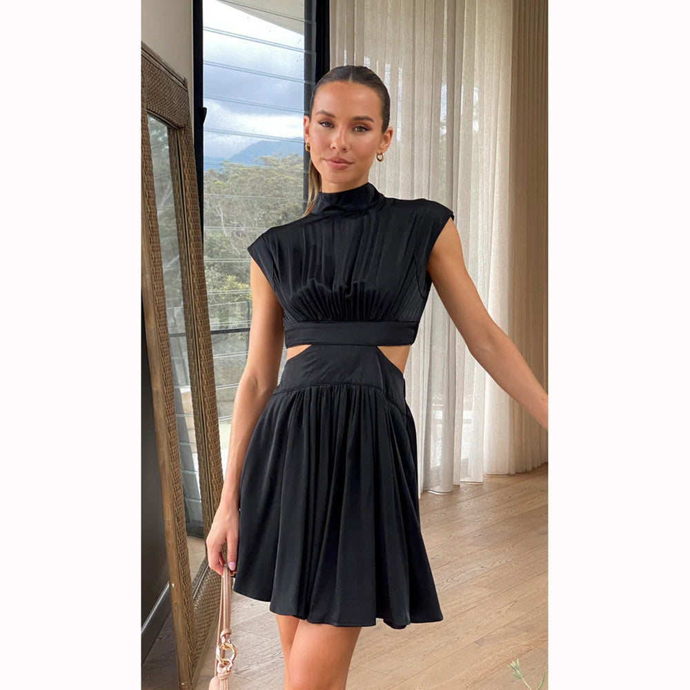 High Neck Cut-Out Waist Mini Dress – Various Colours | Elegant Sleeveless Fit-and-Flare Party Dress
