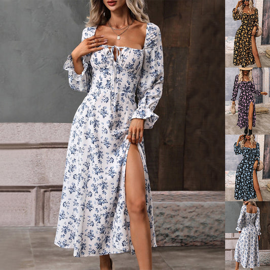 🌸 Women’s Floral Long Sleeve Split Midi Dress - Romantic Boho Summer Dress - Available in Various Colours