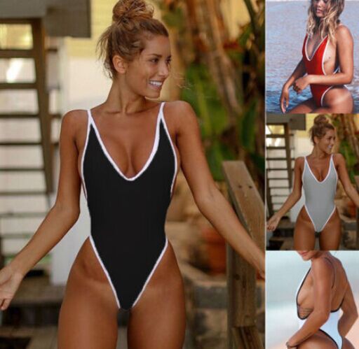 Summer Red White patchwork One Piece Swimsuit Sexy Thong Swimwear Women Bikinis Deep V Neck Bodysuit Monokini for women