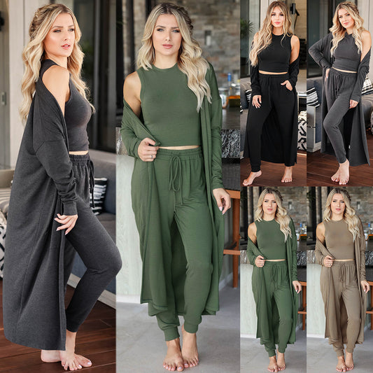 ✨ Women's 3-Piece Loungewear Set – Long Cardigan, Crop Top & Joggers (Various Colours)