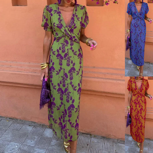 Elegant Floral Wrap Midi Dress – V-Neck Summer Style – Feminine & Flattering – Various Colours