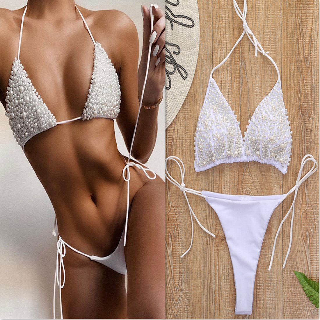 Luxury Pearl Bikini Set – Triangle Top & Tie-Side Bottom – Beach & Pool Party Essential – Various Colours