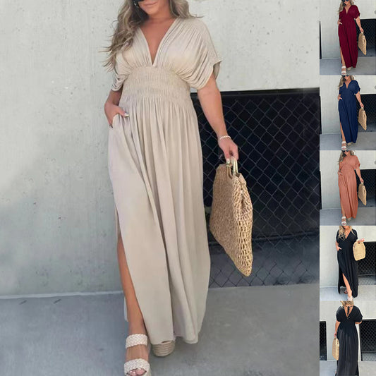 Boho V-Neck Maxi Dress with Pockets – Summer Flowy Style in Various Colours