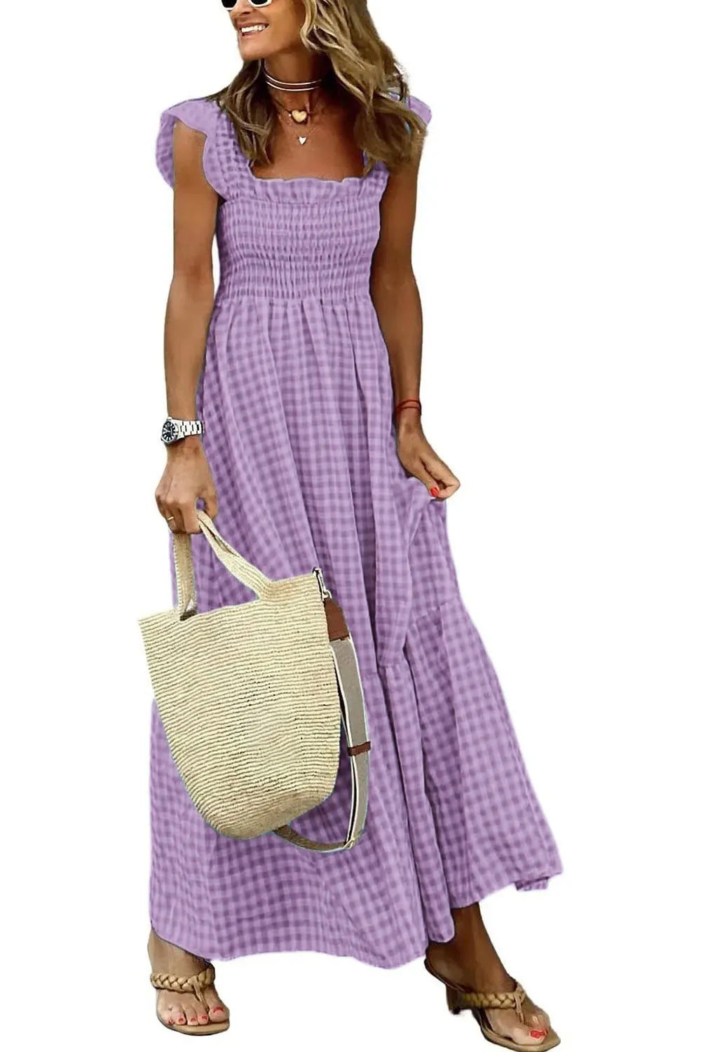 Gingham Shirred Maxi Dress with Ruffle Sleeves – Lightweight Summer Style in Various Colours