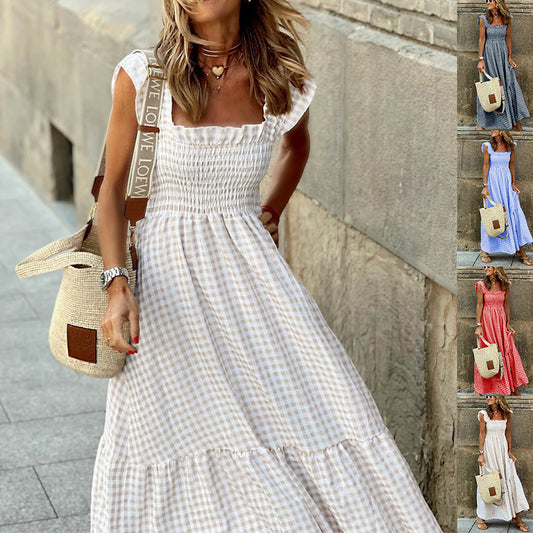 Gingham Shirred Maxi Dress with Ruffle Sleeves – Lightweight Summer Style in Various Colours