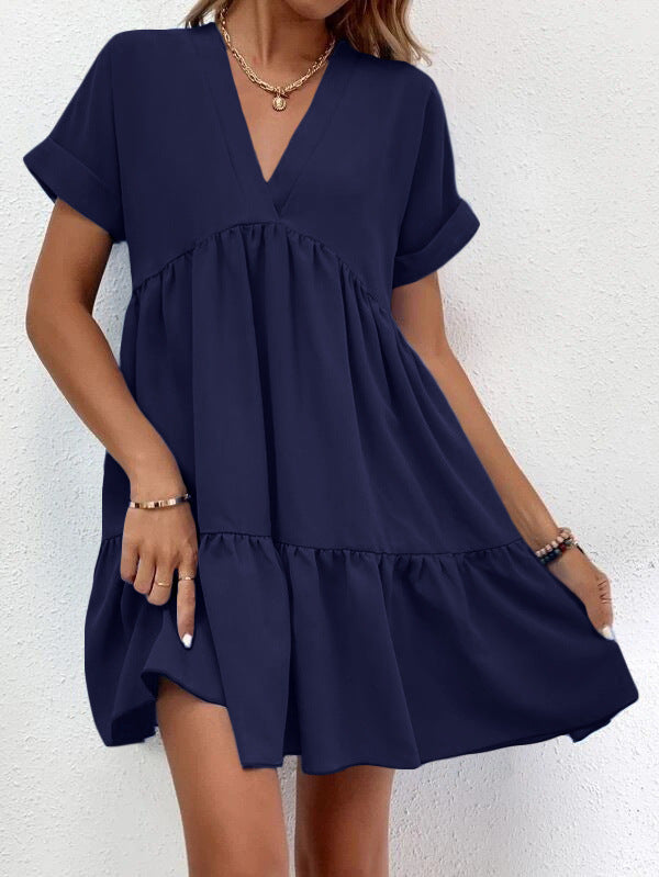 ✨ Women's V-Neck Tiered Mini Dress - Casual Loose Short Sleeve Summer Dress - Available in Various Colours