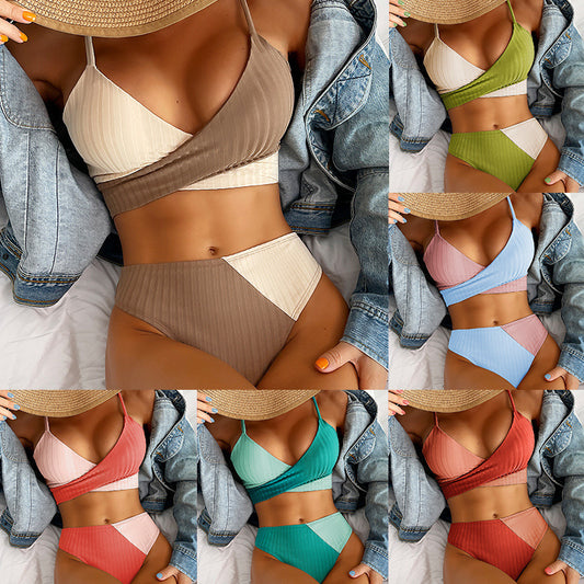 Women's High-Waisted Colourblock Bikini Set – Trendy Two-Tone Swimwear in Various Colours
