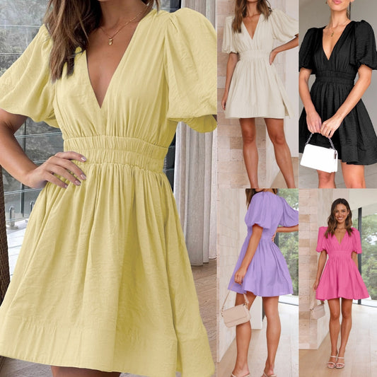 ☀️ Puff Sleeve V-Neck Mini Dress – The Ultimate Everyday Glam Look