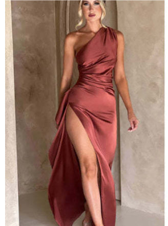 Women’s One Shoulder Satin Evening Dress – Elegant High Slit Maxi Dress – Party, Cocktail, Formal & Wedding Guest Gown – Various Colours