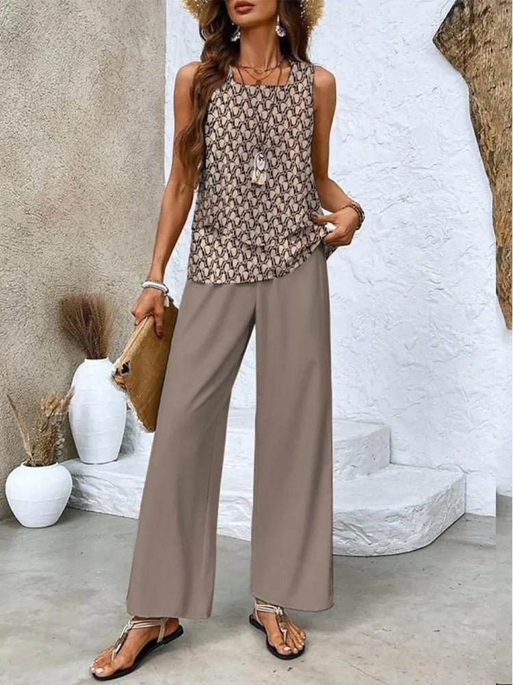 2-Piece Summer Leaf Print Set – Sleeveless Top & Wide Leg Trousers (Various Colours)