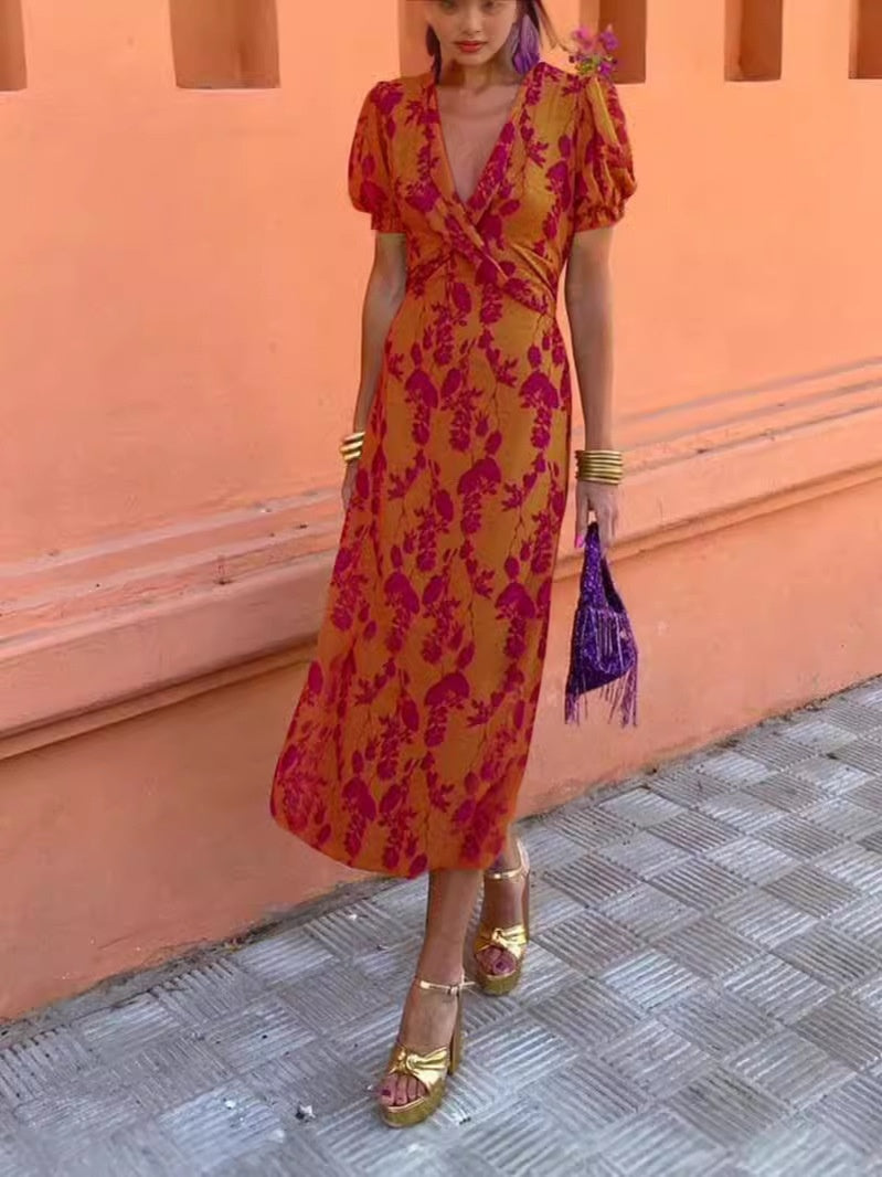 Elegant Floral Wrap Midi Dress – V-Neck Summer Style – Feminine & Flattering – Various Colours
