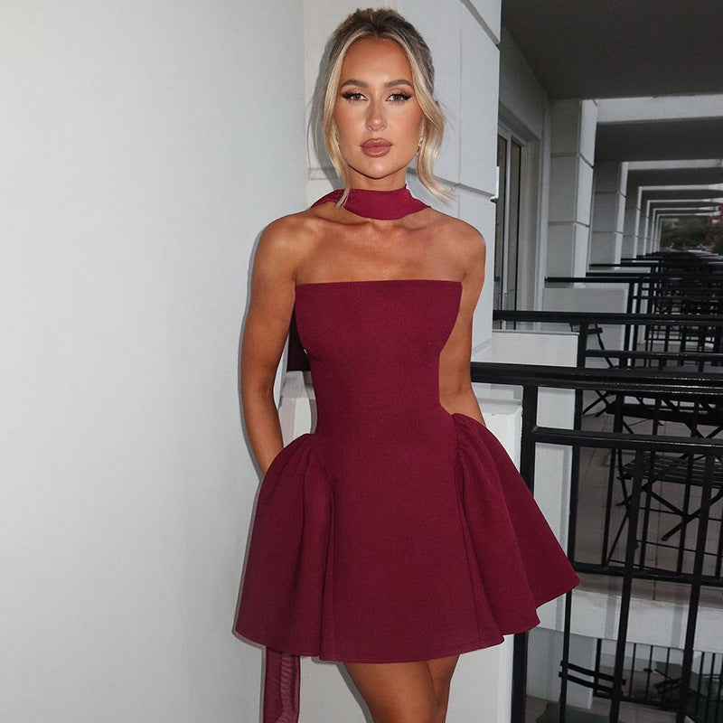 Chic Strapless Mini Dress with High Neck Bow Back – Party Dress in Various Colours