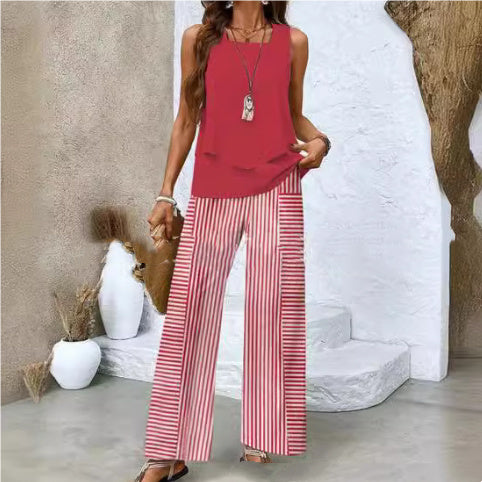 2-Piece Summer Leaf Print Set – Sleeveless Top & Wide Leg Trousers (Various Colours)