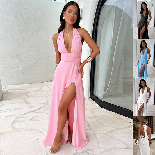 Stunning Deep V Halter Neck Maxi Dress – Elegant High Slit Backless Evening Dress – Timeless Party Look – Various Colours