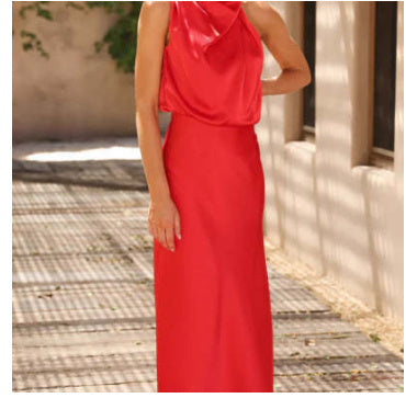 Women’s Elegant Satin High Neck Halter Evening Dress – Sleeveless Midi Dress – Party, Cocktail & Formal Wear – Various Colours
