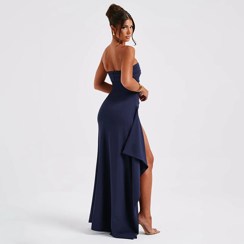 Elegant Strapless Ruched Evening Maxi Dress – High Slit Formal Gown – Occasion Dress – Various Colours