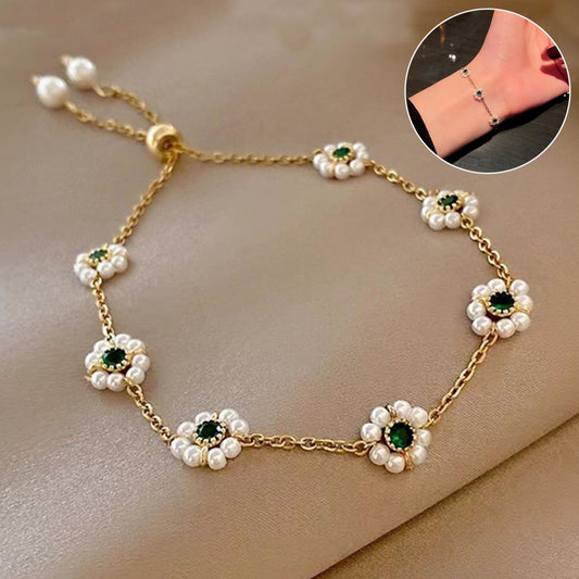 Dainty Pearl Daisy Bracelet | Adjustable Gold Chain with Green Gem Centre