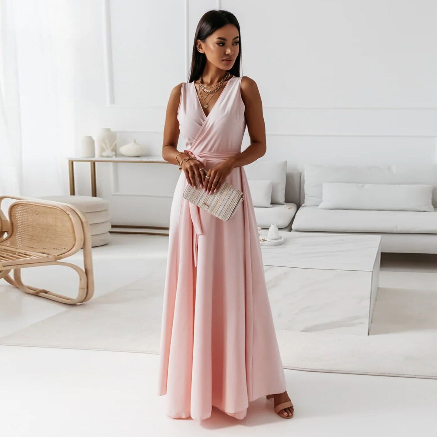 🌟 Elegant Sleeveless Wrap Maxi Dress with Belt – Evening, Wedding Guest & Party Dress – Flowy & Comfortable – Available in Various Colours