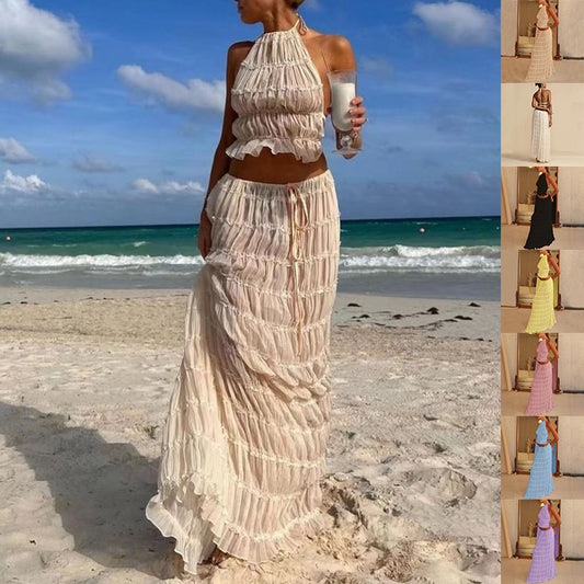 Boho 2 Piece Beach Set – Ruffle Halter Neck Crop Top & Maxi Skirt – Lightweight Summer Holiday Outfit – Various Colours