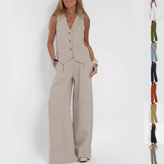 Women’s Wide-Leg Waistcoat Jumpsuit – Boho-Chic Style in Various Colours